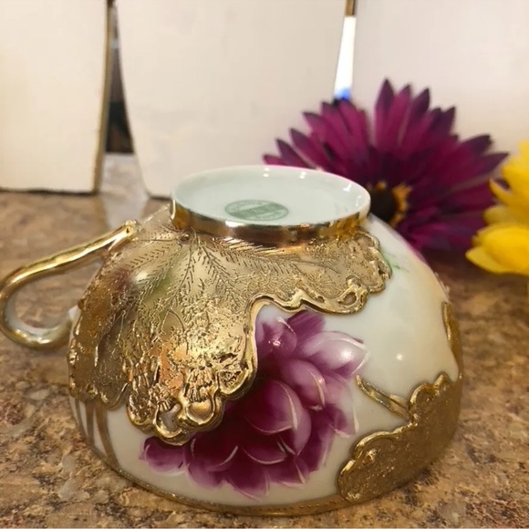 Rare Antique Nagoya SNB Nippon Porcelain Raised Gold Leaf Tea Cup - Picture 10 of 13